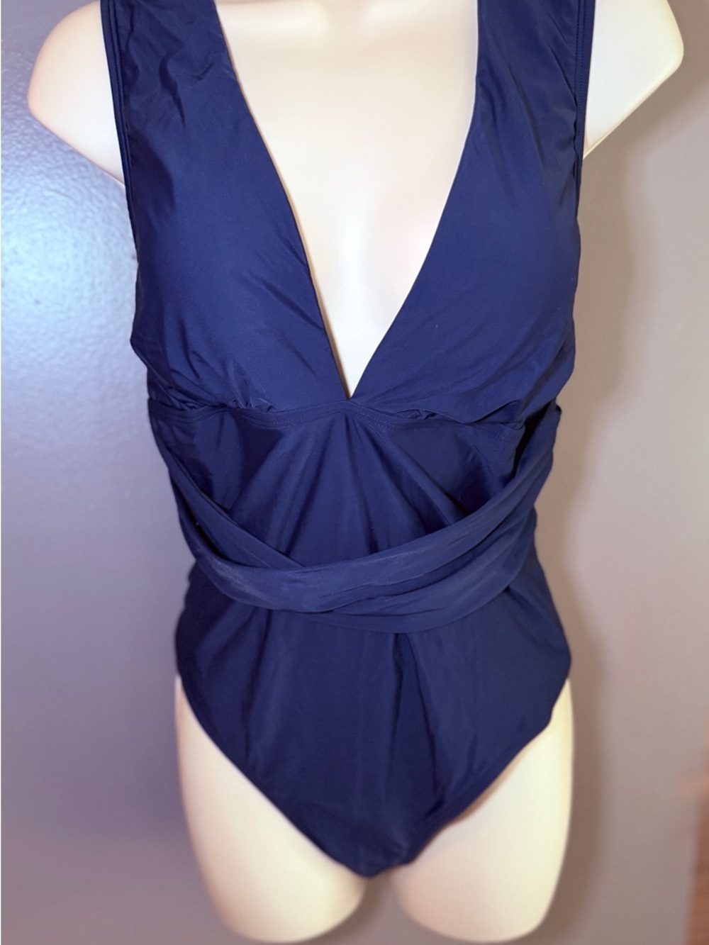 Cupshe Navy Sculpting One Piece XL Plunge Neck Wrap Waist Flattering Fit NWTS